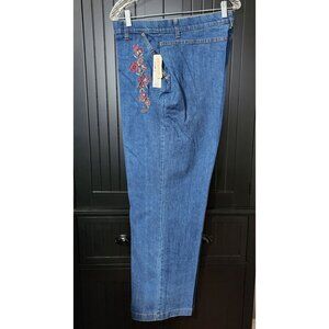 Erika Women’s Stretch Denim Jeans 18 Blue Floral Embroidered Straight Leg Pants
